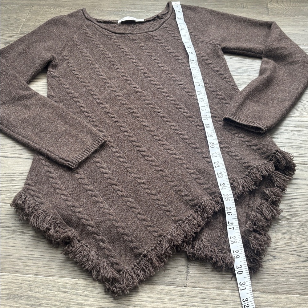 Raffi |100% Cashmere Chocolate Brown Cable Knit Scoop Neck Sweater Fringe Hem SM - Picture 9 of 14
